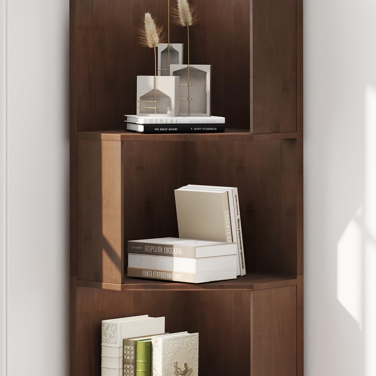 5-Tier Corner Bookshelf Bamboo Bookcase 71.5″ Corner Storage Shelves for Living Room,Bedroom,Kitchen, Study,Home Office