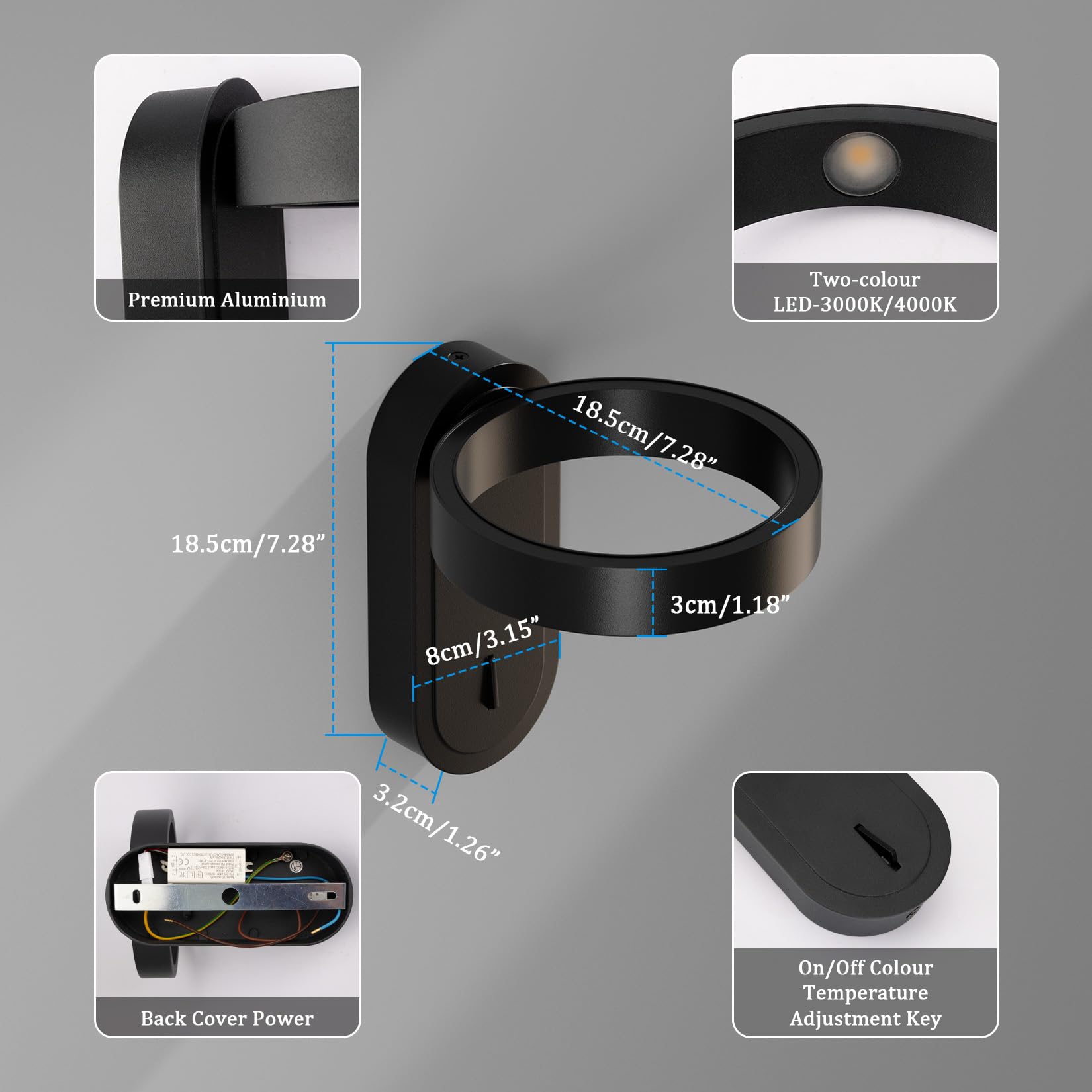 Klighten 2 Pezzi Dimmerabile Applique da Parete Interno Batteria Operata, 3000K-6000K, Lampada da parete Senza Fili con Telecomando, Lampada da Muro Ricaricabile USB, 5500mAh, Nero, Con Lampadina