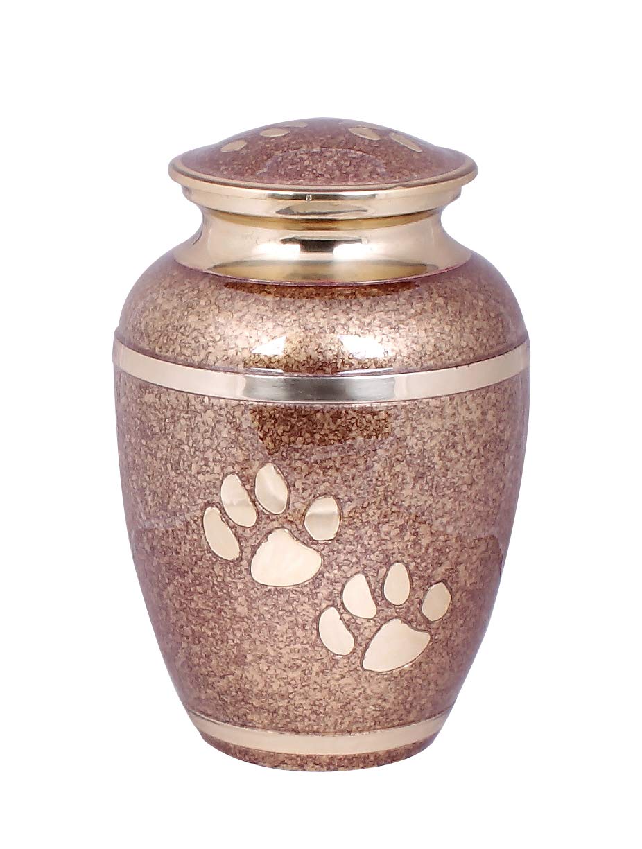 Pet Cremation Urn for Ashes with Paw Print Memorial Design, Solid Brass Handcrafted Vessel, Secure Top Lid, Keeps Remains Safe for Dogs Cats (8 Inch Brown & Gold) — image 1