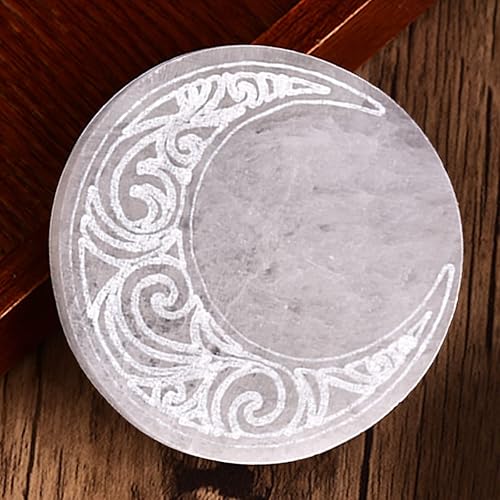 JIC Gem Placa de carga de selenita grabada con luna de 3 pulgadas, losa de selenita grabada, pequeña estación de carga de cristal curativo disponible en Yaxa Peru