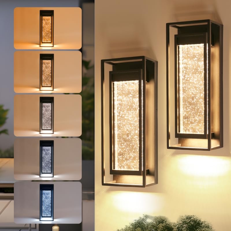 Image of LUTEC 2 Pack Outdoor Wall Light Fixtures, 5 Color Temperature Porch Light Wall Sconce with Crystal Bubble Glass,Waterproof Outdoor Wall Lanterns, Modern Outside Lights for House Front Door Garage