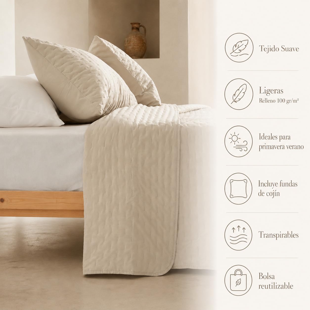 GAMUSI Colcha Cama 180 cm Ligera Entretiempo Primavera Verano Acolchada, 270x270 cm, Color Beige