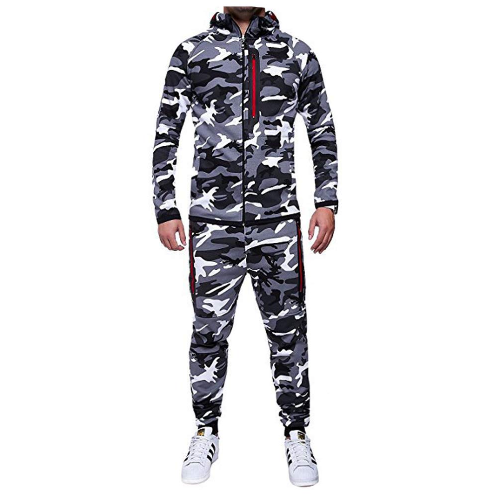 Morbuy Women's Camouflage Light Gray Men's Casual Tracksuits Set Camouflage Zipper Spring Autumn Hoodie Jacket Pants Sweatshirt Suit Bodybuilding Training Gym (L, )