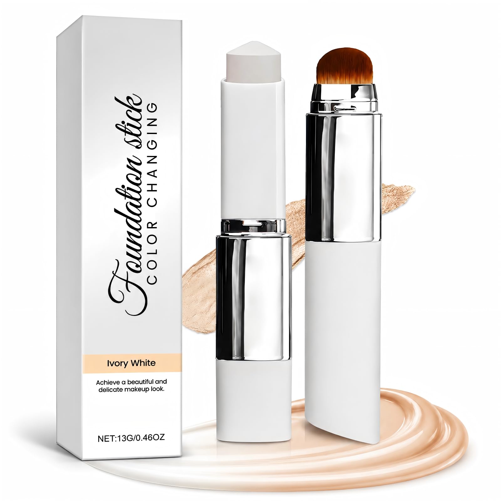 Fondotinta Stick ELYCO Auto-Adattivo con Pennello Integrato, 2 in 1 Fondotinta Bianco Cambia Colore, Coprenza Naturale Idratante a Lunga Tenuta 12h SPF50+, per Tutti i Tipi di Pelle (Naturale)