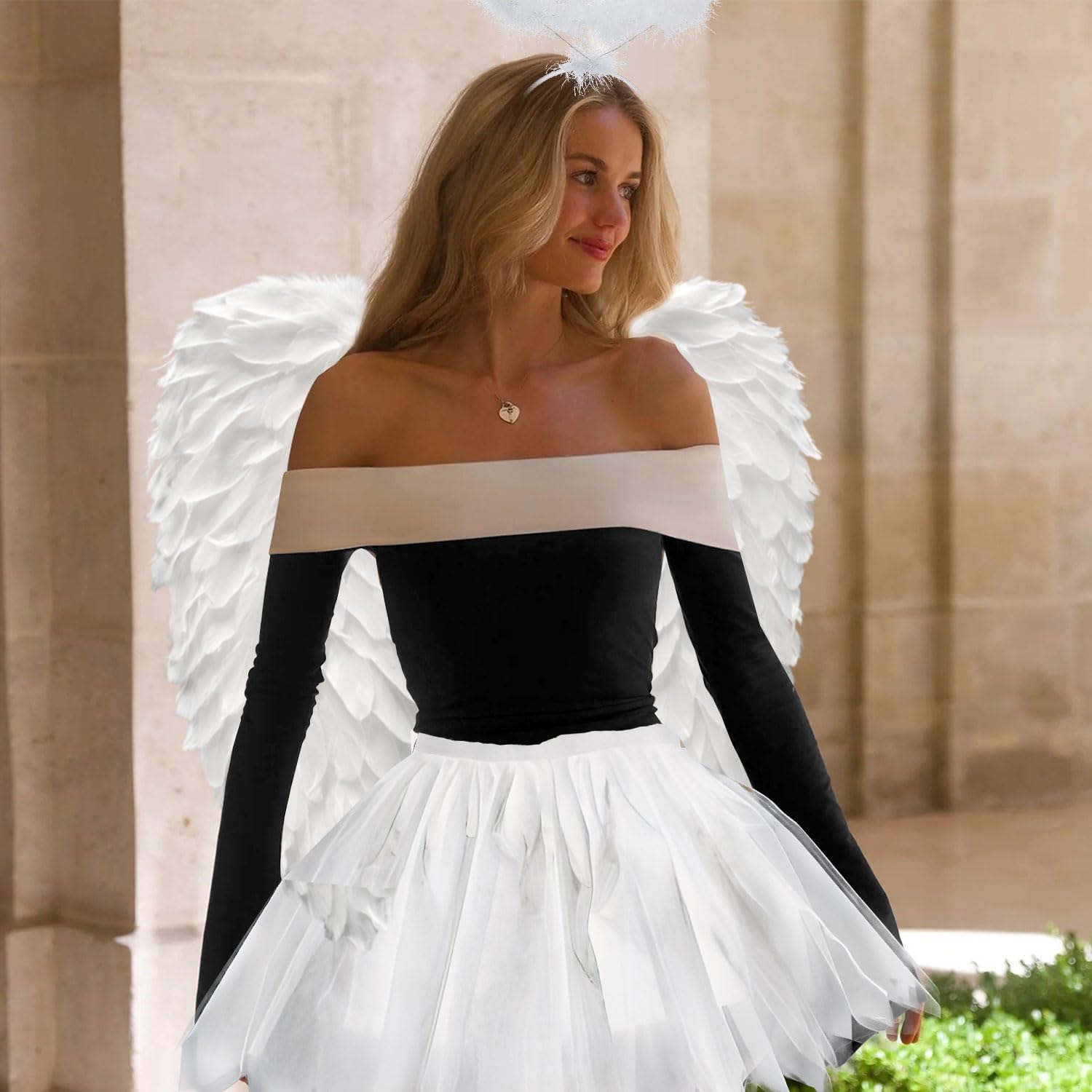 Disfraz de ángel para adultos, alas de ángel, disfraz de Halloween para mujer, alas de ángel para niños, falda de tutú, vuelos de ángel, aureola