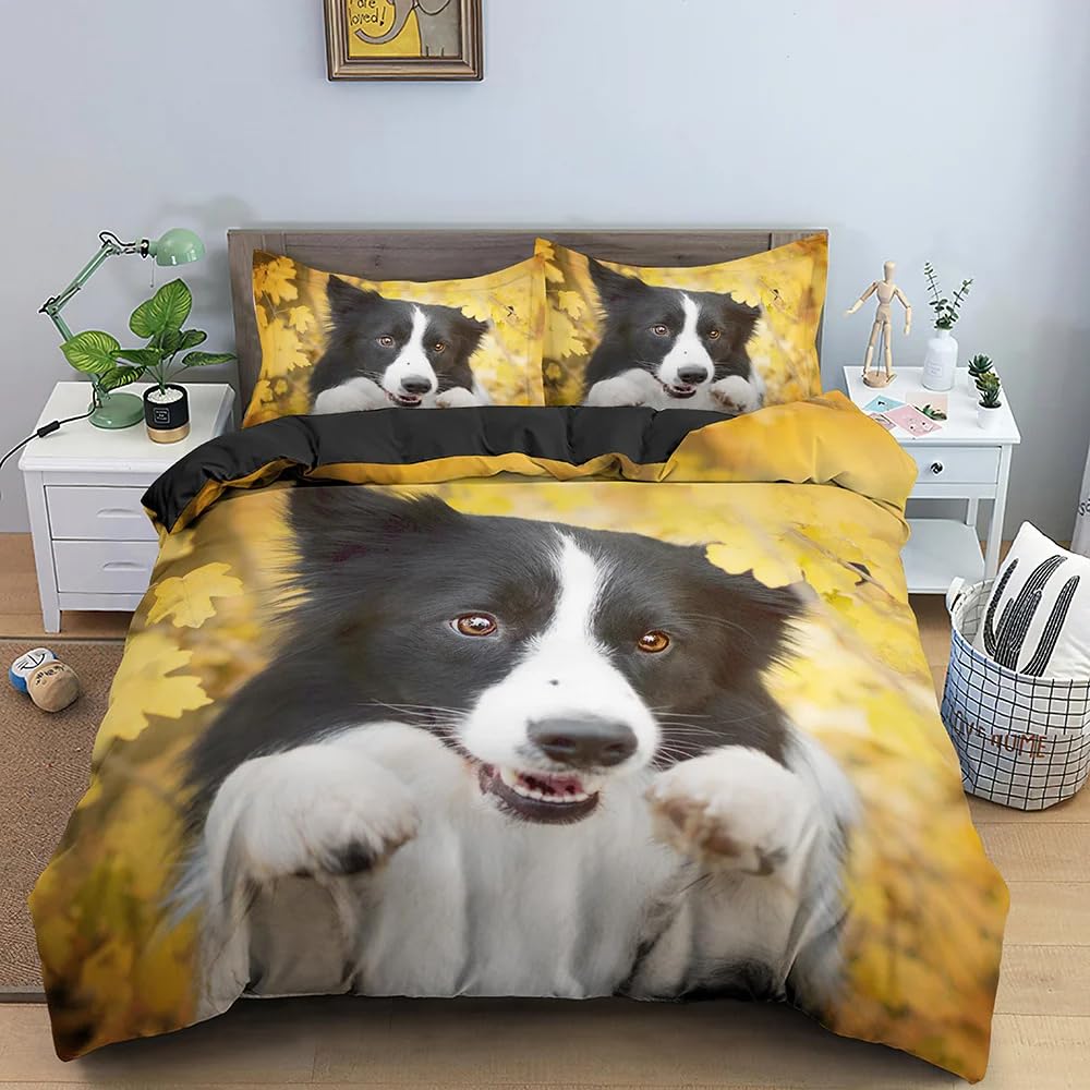 QBIDCSX King Size Duvet Cover Sets Border Collie King Size Bedding Sets Patterned Bed ding 230x220 cm and 2 Pillowcases 50x75 cm with Zipper - Warm & Ultra Soft Brushed Microfiber