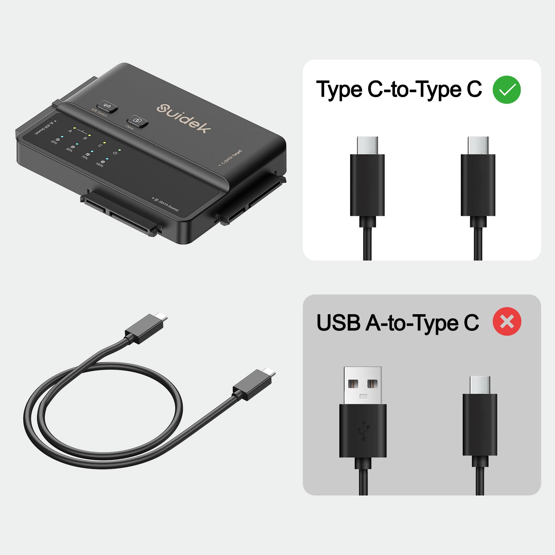 SUIDEK USB 3.0 auf IDE und SATA Adapter, Type-C Externer Festplattenleser Konverter mit 5 Gbps für 2,5"/3,5" SATA HDDs, SSDs und 3,5" IDE HDDs mit Offline Klonfunktion, Inklusive 12V/2A Netzteil