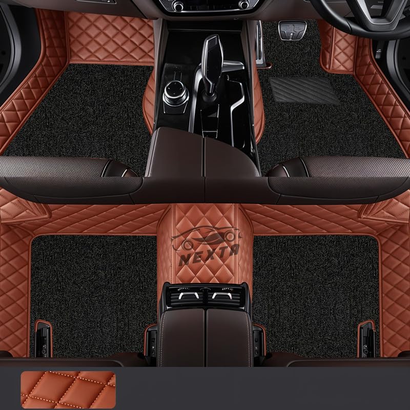 Image of NEXTA Premium Faux Leather 7D Car Floor Mats for Skoda Kylaq (All Variants)|| Luxury Leather with Grass Mat Complete Set || 100% Waterproof and Washable (Color Tan & Black)
