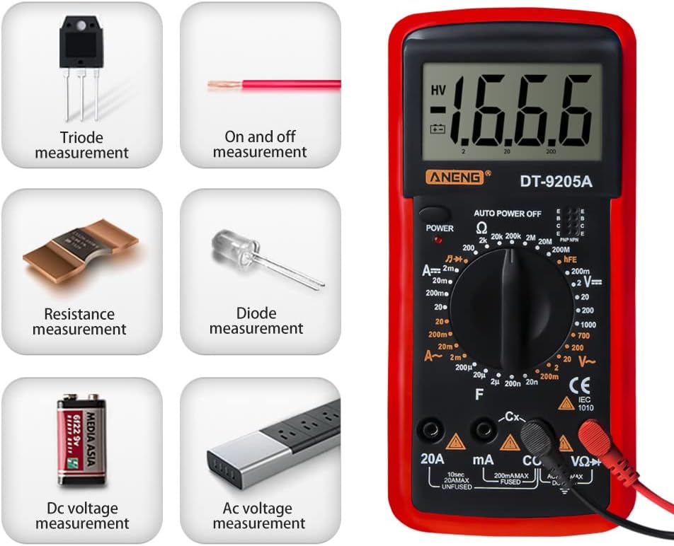 Various measurement types possible with the DT-9205A multimeter