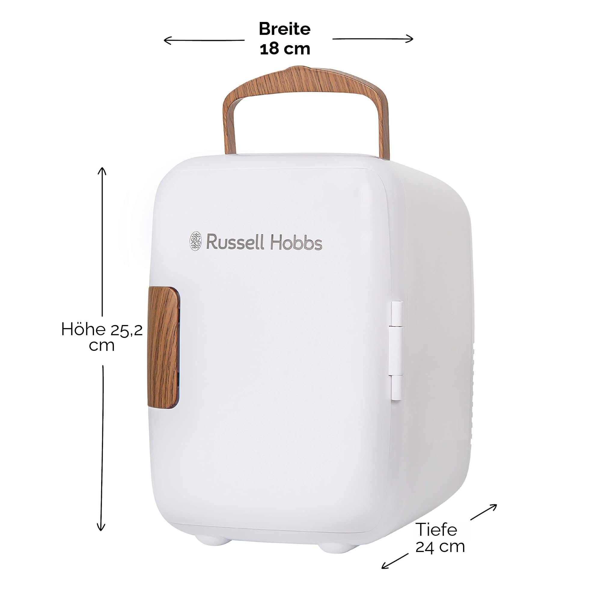 Russell Hobbs RH4CLR1001SCW Mini-Kühlschrank tragbar 4 L/6 Dosen, AC/DC, Kühler und Wärmer für Getränke, Kosmetik/Make-up/Hautpflege, skandinavischer Stil, weiß und Holzeffekt