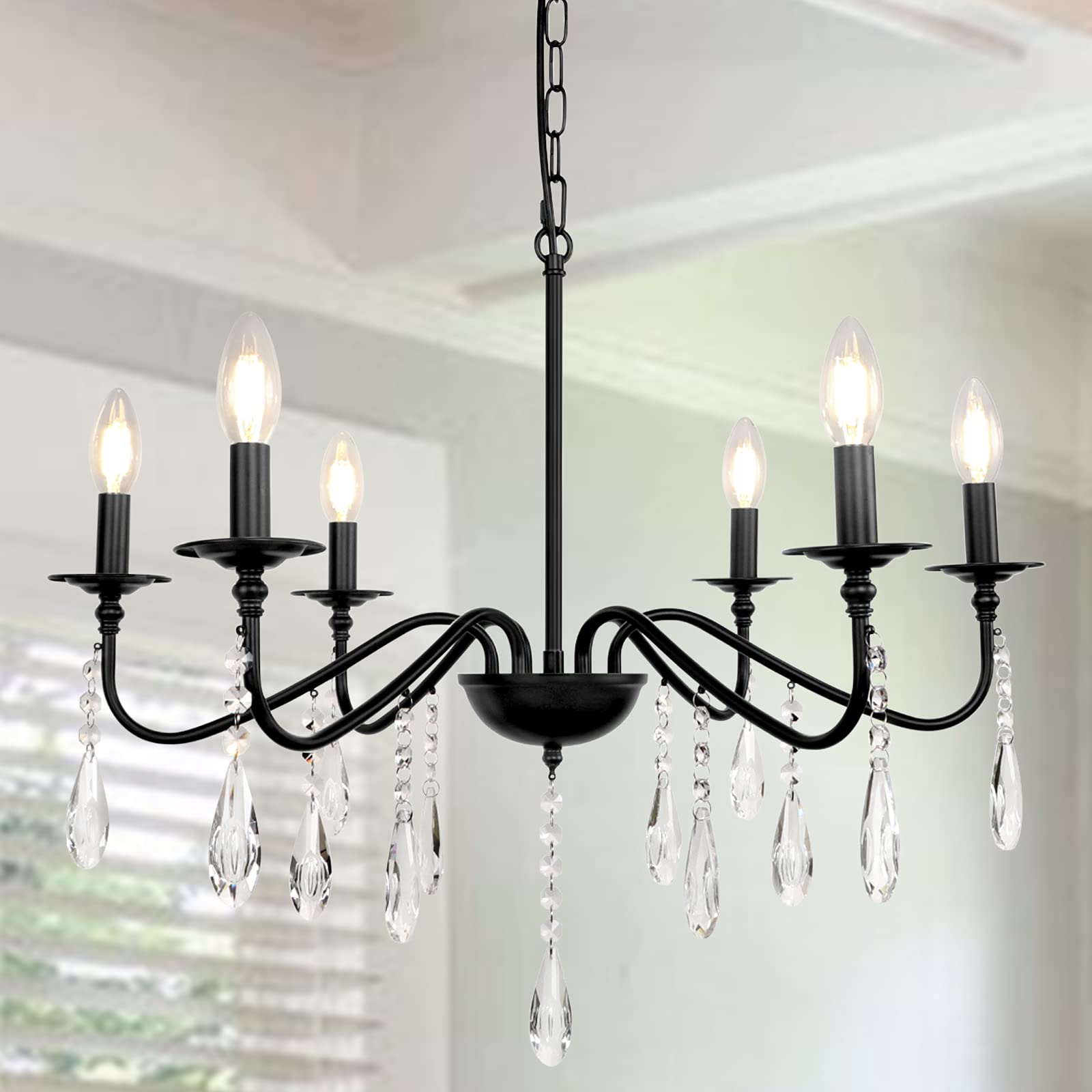 LynPon 6-Light Black Crystal Chandelier - Modern Farmhouse Pendant For Dining Room, Bedroom, Entryway