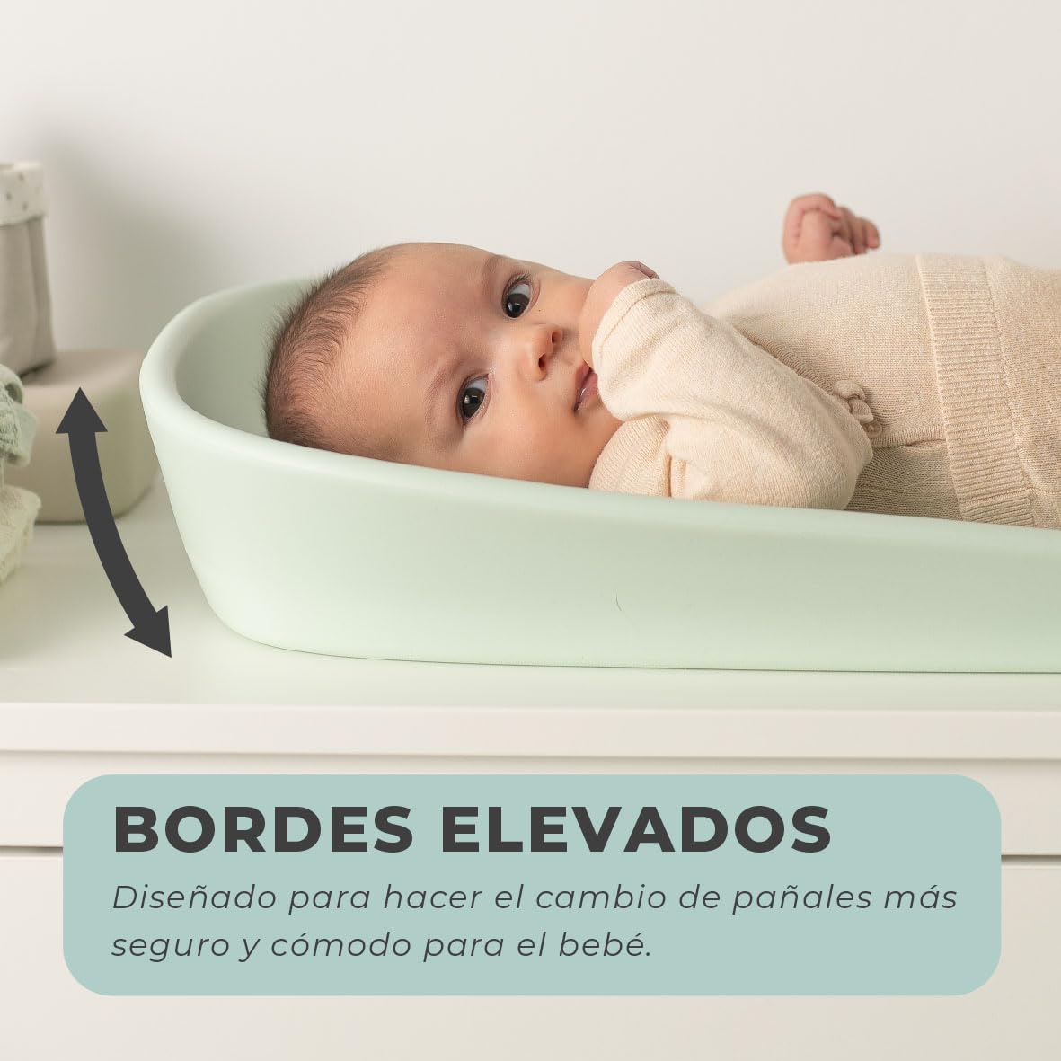 Olmitos - Cambiador de Bebé Antideslizante EVA – Superficie Impermeable, Lateral Elevado, Medidor de Crecimiento, Higiénico y Fácil de Limpiar – 69x44cm | Desde 0m hasta 12 meses (Menta)