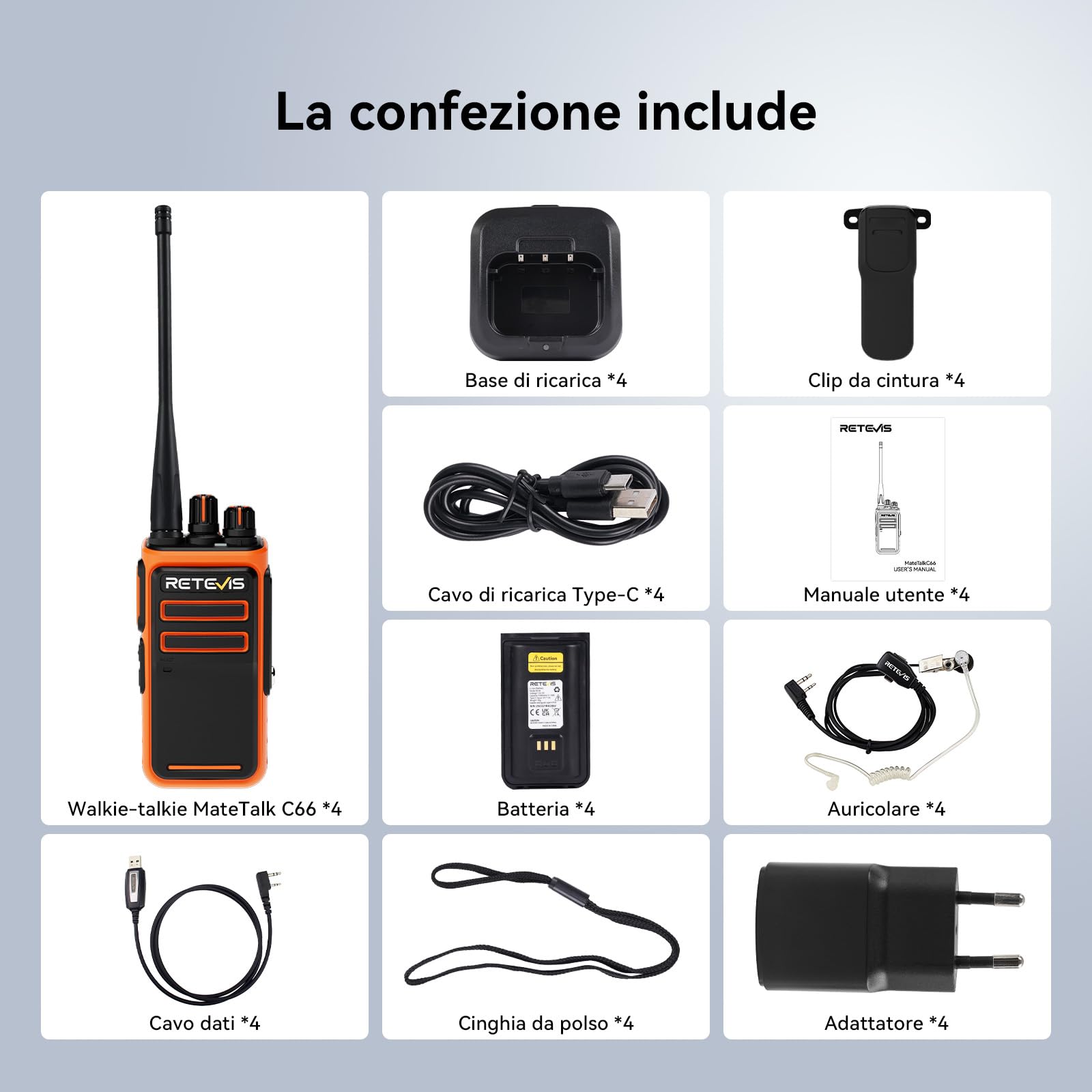 Retevis C66 Walkie Talkie Lungo Raggio, Ricetrasmittente Ricaricabile | Ricarica Rapida, CTCSS/DCS, per la Sicurezza Dell'hotel, Arancione, 4 Pezzi