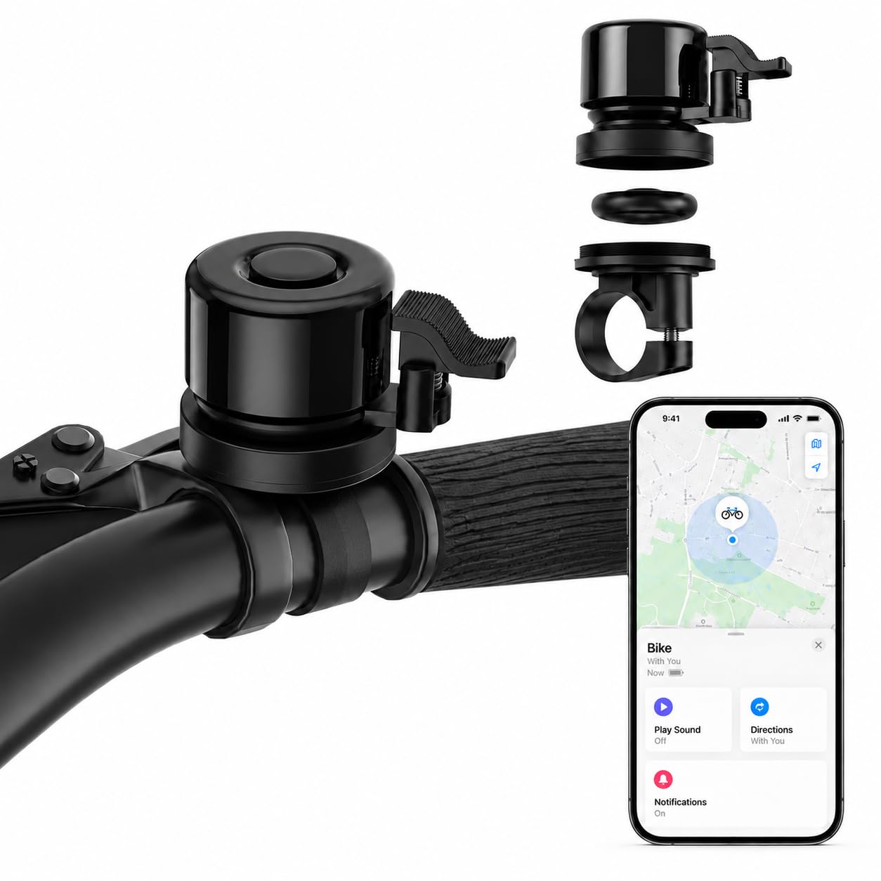 Spedal Bike Bell with Tracker Airtag Work with iOS Find My, Hidden Anti-Theft, Stainless Steel Holder Waterproof Bicycle Bell with Loud Sound Fits 22-25mm Handlebars for Road Mountain Bikes
