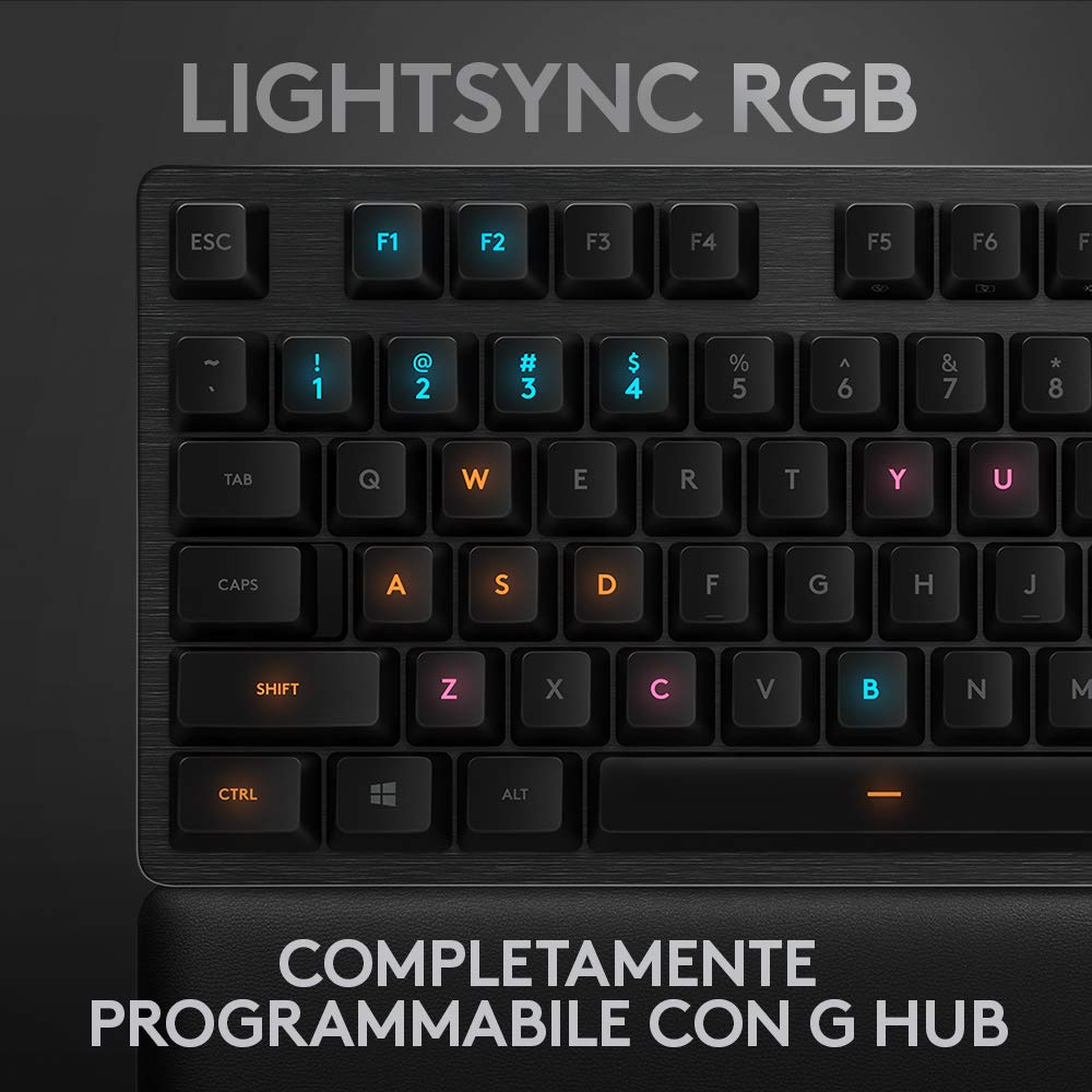 Logitech G513 Tastiera Gaming Cablata Meccanica con Poggiapolsi, RGB LIGHTSYNC, GX Brown Tactile Switch, Telaio in alluminio spazzolato, Tasti personalizzabili, USB, QWERTY US Layout, Carbon, Nero