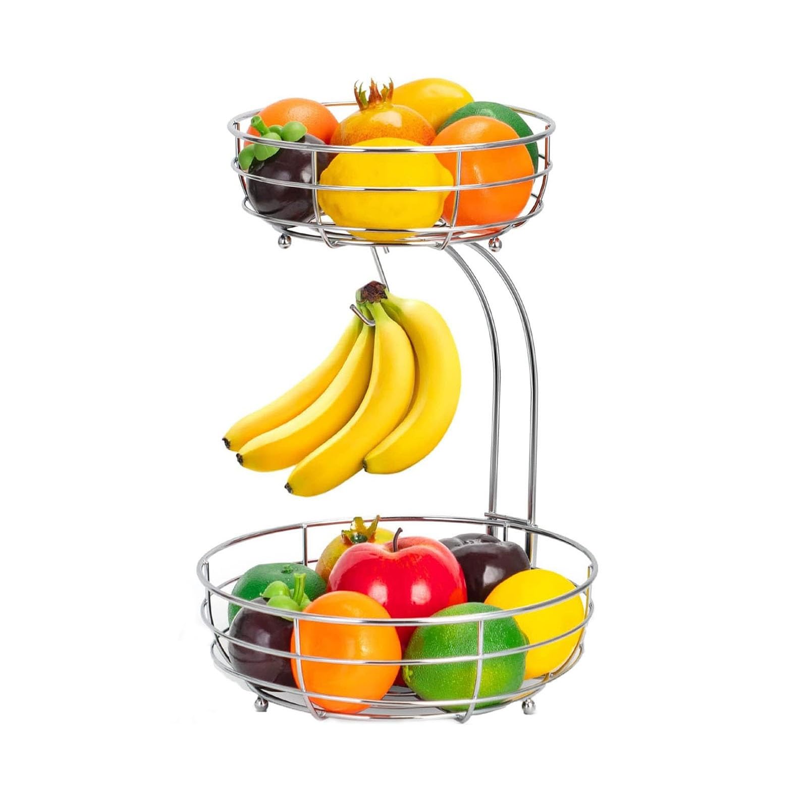 JOUFNING Bread Fruit Basket, 2-Tier Fruit Bowl with Banana Hanger, Kitchen Countertop Rack, Metal Cooling Speed Rack for Holding Vegetables, Snacks, Cupcakes(Silver)