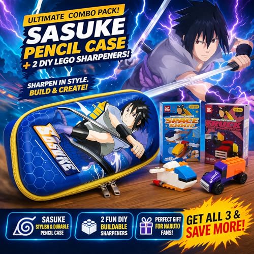 Image of KiddiBox Anime Pencil Case for Kids - One Piece Sasuke Character Pouch, Kawaii School Supplies Set & 2 DIY Sharpeners for Boys Girls Students