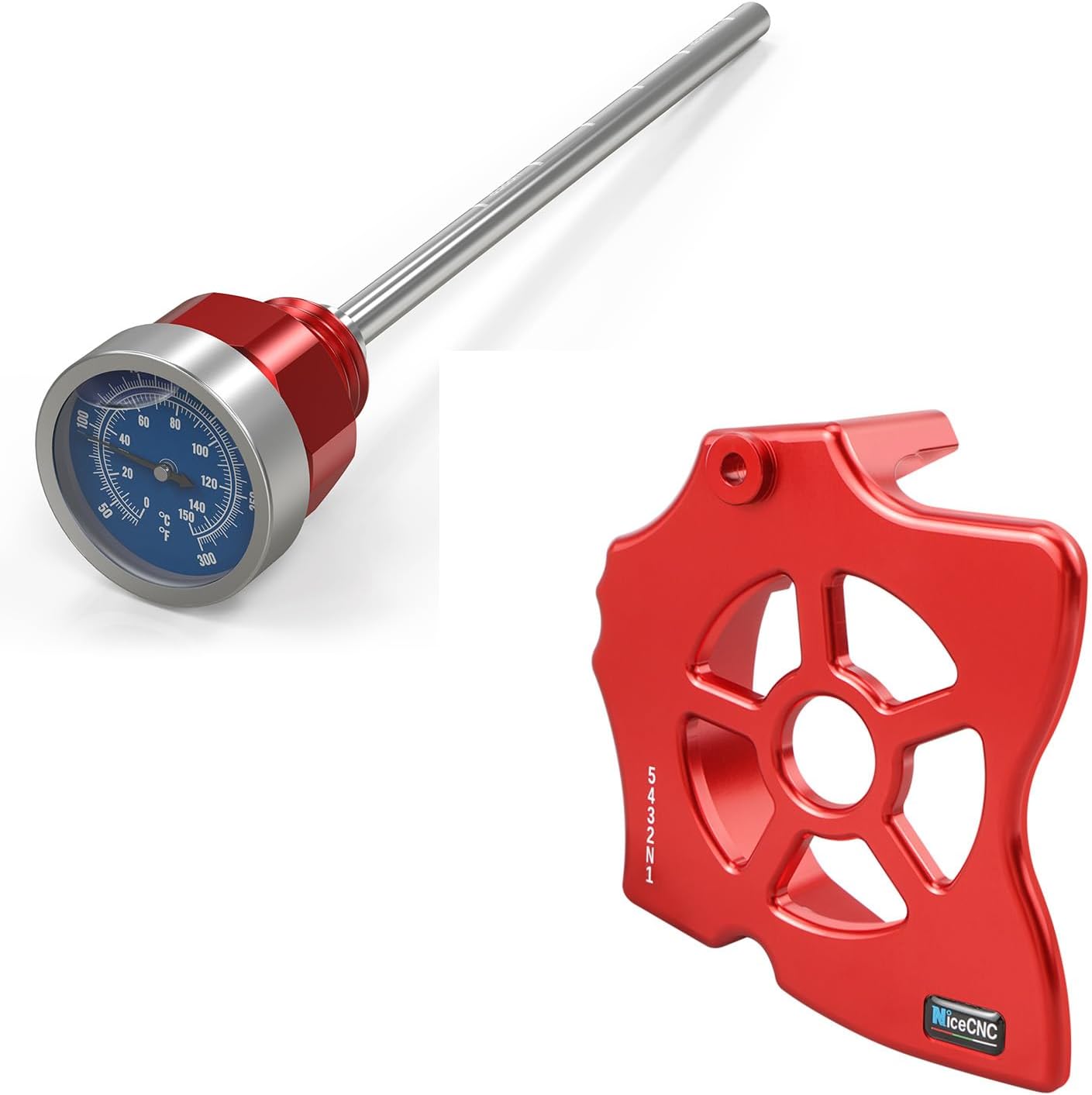 NICECNC Red Oil Level Gauge Dipstick Temperature + Motorcycle Chain Sprocket Guard, See Fitment