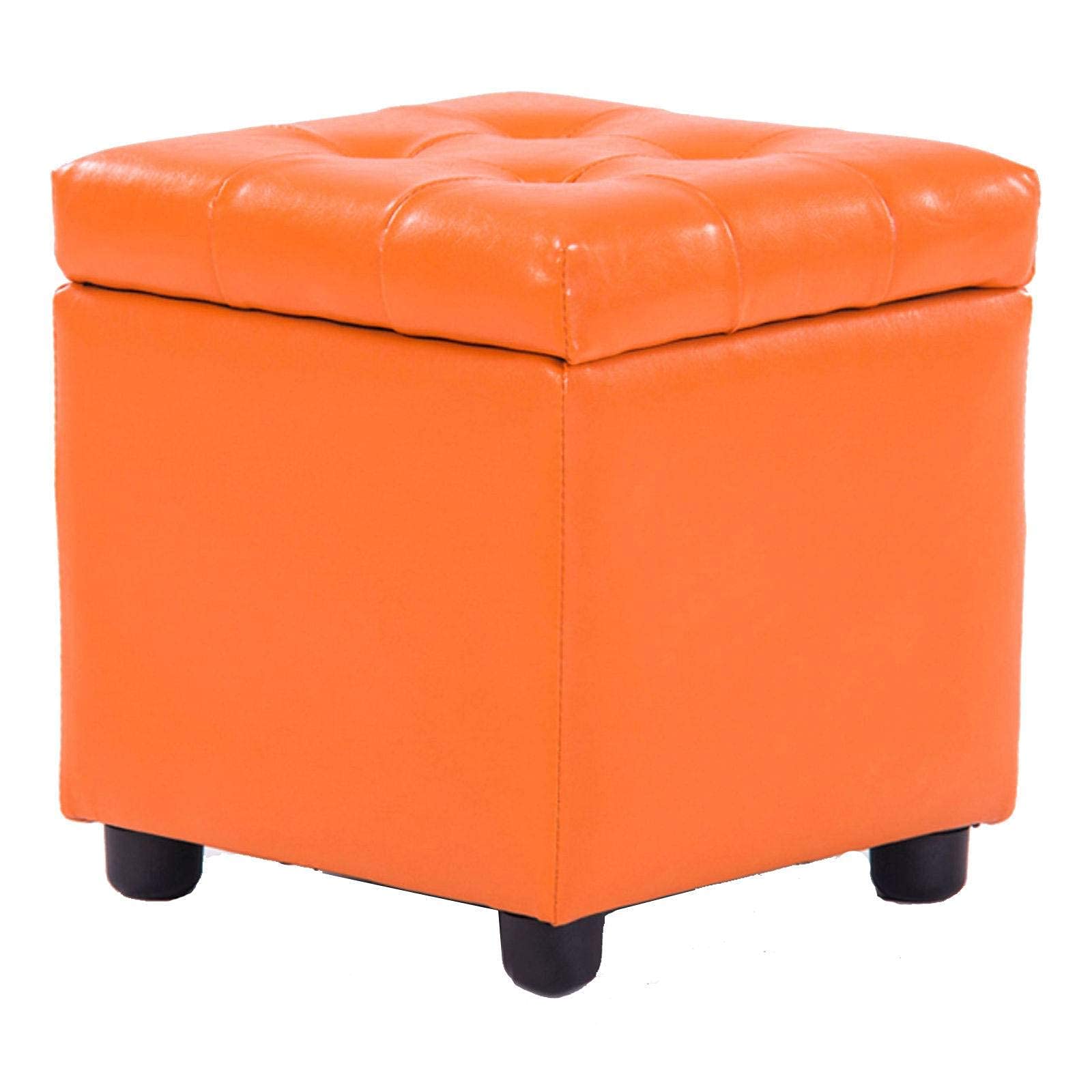 Tabouret en bois style européen pouf cube en cuir capitonné orange