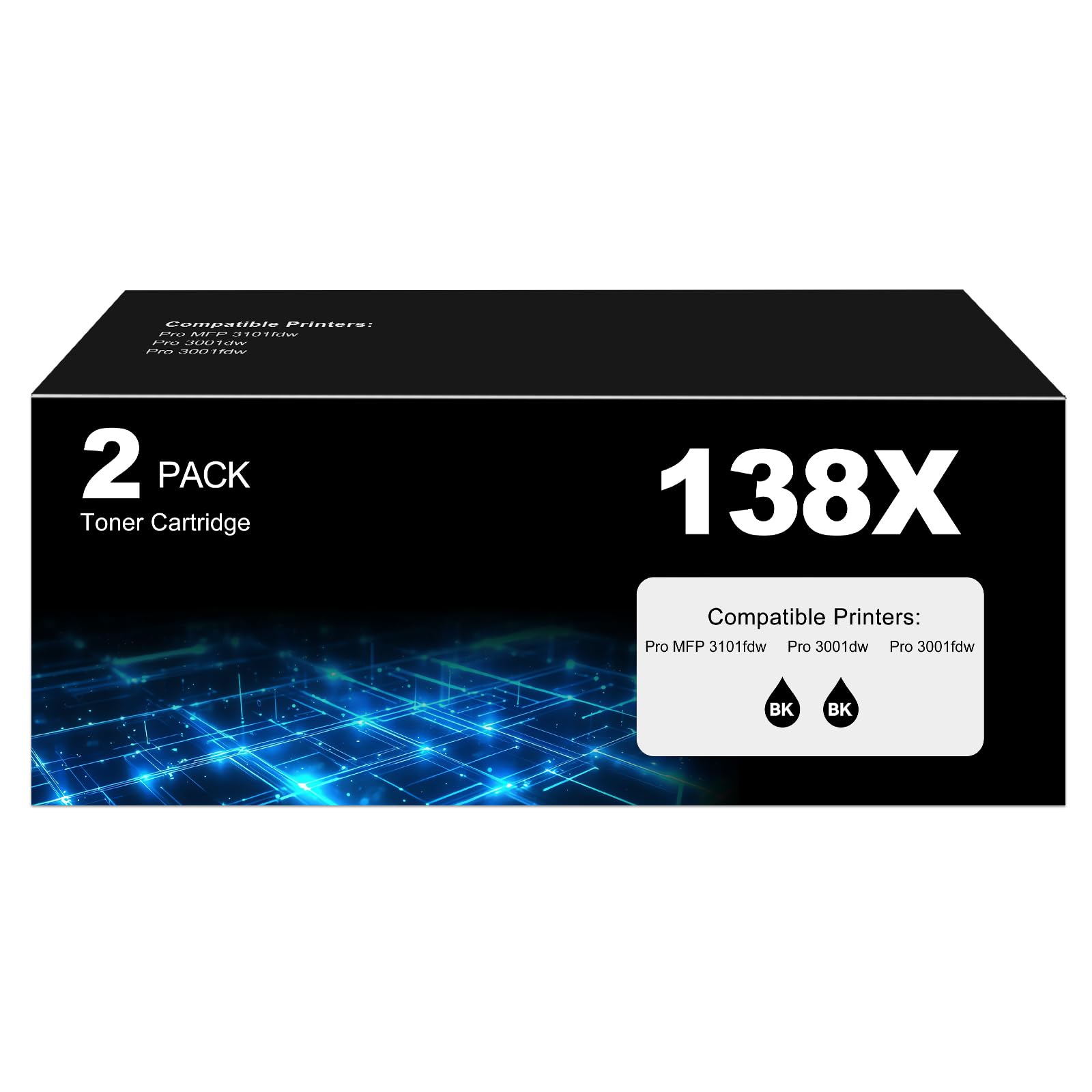 Photo 1 of 138X Black Toner Cartridge Pro MFP 3101fdw Black Toner Compatible for HP 138X Black Toner Cartridge for HP138X W1380X for Pro 3001dw 3101sdw Toner 2 Pack (with Chip)