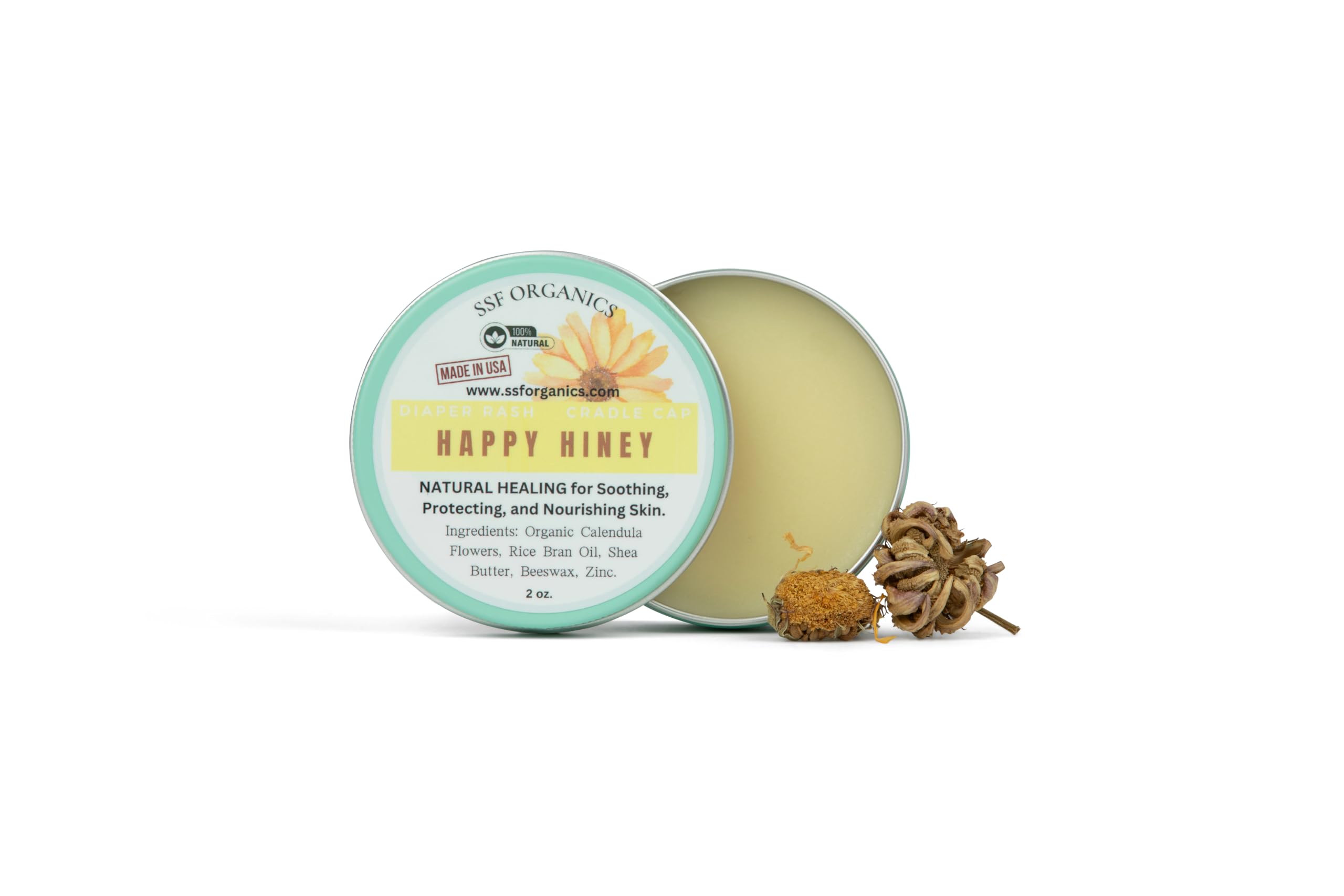 HAPPY HINEY. Calendula Nappy Rash Ointment. 100% Natural and Organic. Handmade in Small Batches. Made with Calendula, Coconut and Shea.