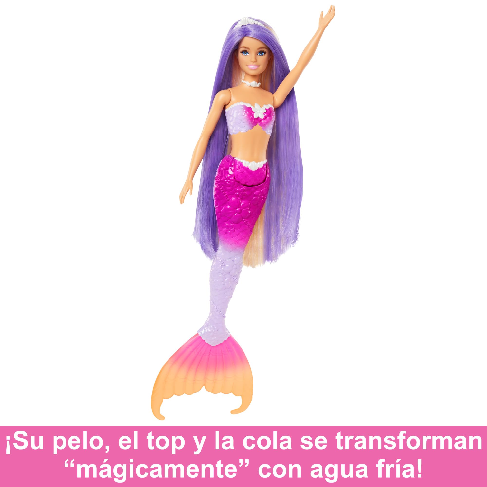 Barbie Muñeca sirena Malibú que cambia de color con el agua con accesorios de moda y delfín, serie Un toque de magia, juguete +3 años (Mattel HRP97)