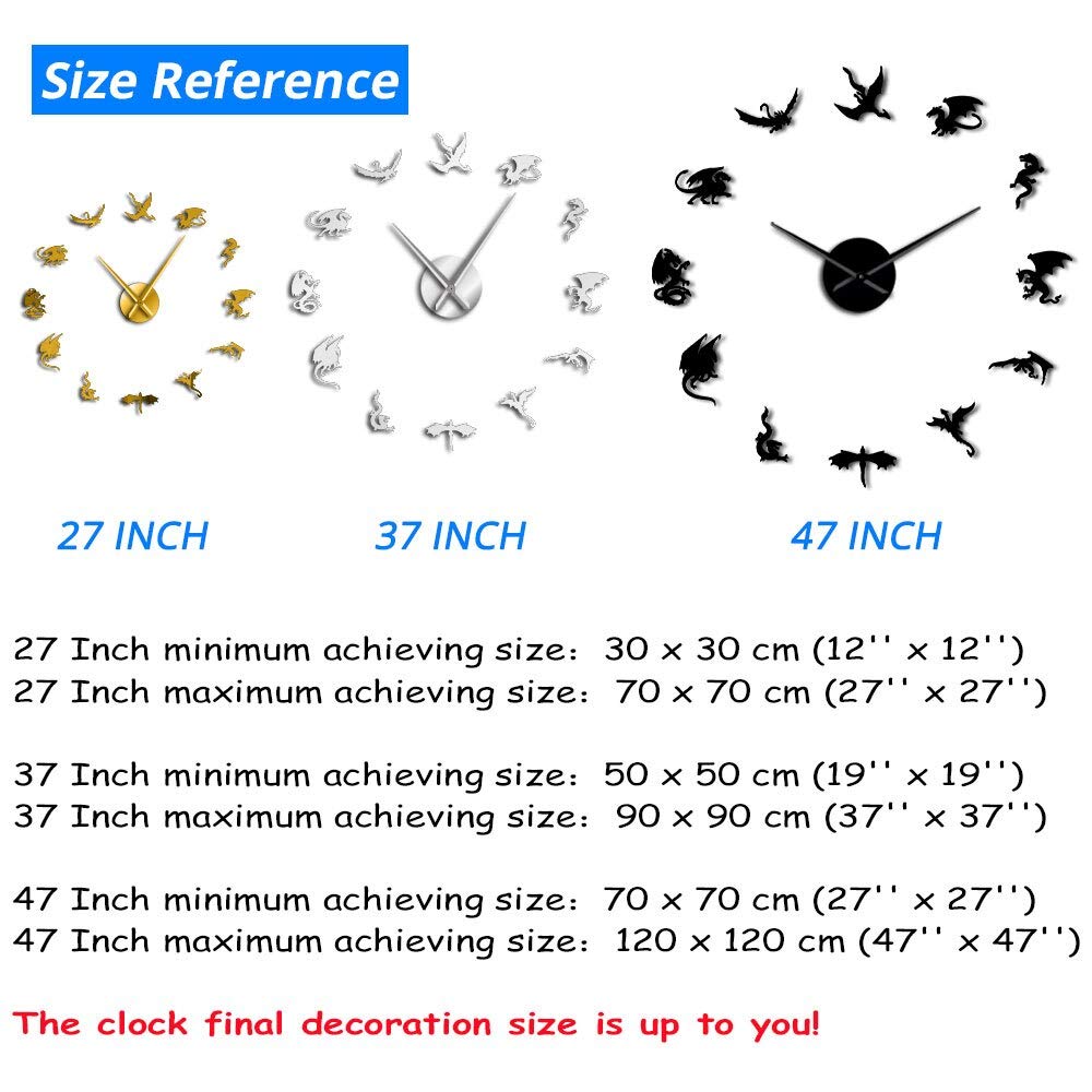 Black Evil Dragon Wall Art DIY Large Wall Clocks Medieval Mythical Dragon Modern Silent Big Wall-montado Reloj Fiction Best Art Wall Decor(Plata,37 Pulgadas)