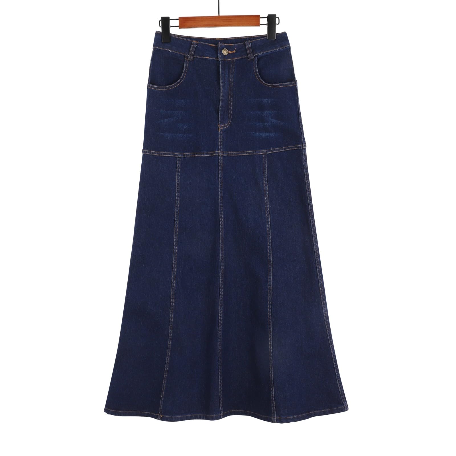 Falda vaquera para mujer hasta la rodilla, falda midi para mujer: elegante falda larga de cintura alta, falda acampanada con bolsillos y tira de botones, falda holgada de verano, falda plisada