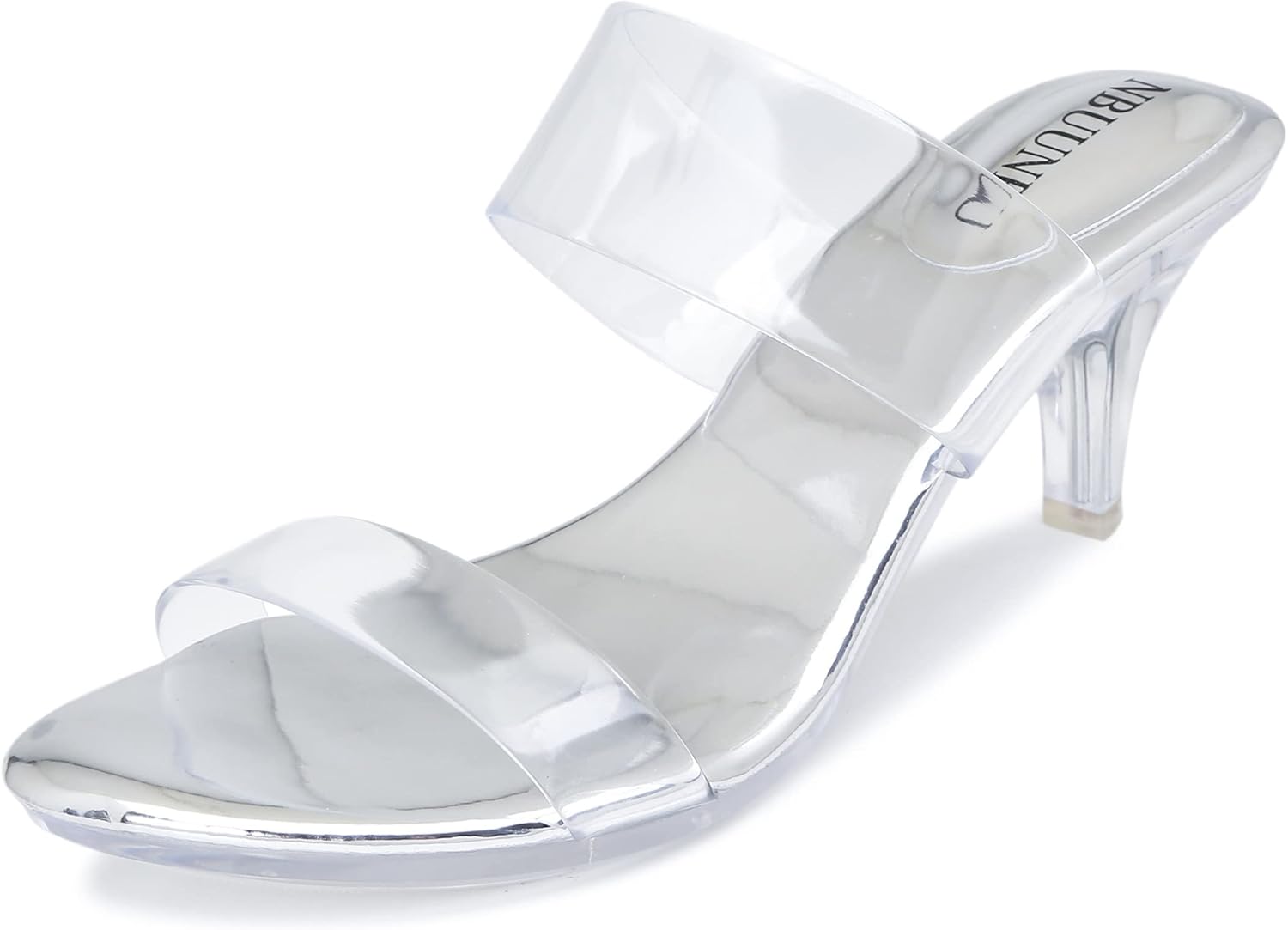 NBUUNBU Clear Heels for Women Silver Black Heels Little Platform Sexy High Heels Sandals Stiletto Kitten Open Toe Dress Shoes Comfortable Double Transparent Strap Heeled Sandals Mule - Image 7