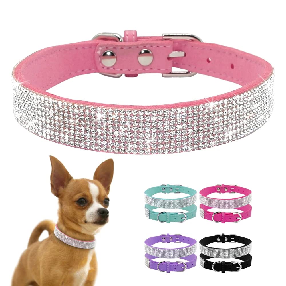 Strass-Halsband Für Hunde & Katzen – Größe S, Rosa, PU-Leder, 3 Strassreihen, Verstellbar