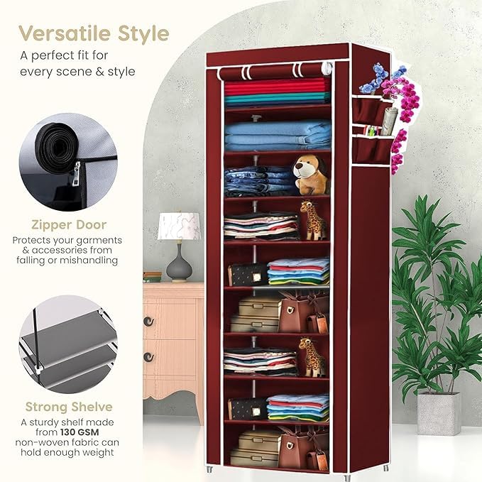 Image of BONTEC Collapsible Wardrobe 6 Shelves Storage Clothes Storage Rack Quick Wardrobe /Cabinet /Multipurpose Storage Rack, Foldable, Collapsible Fabric Organizer Cupboard for Bedroom (Maroon, 9 Layer)