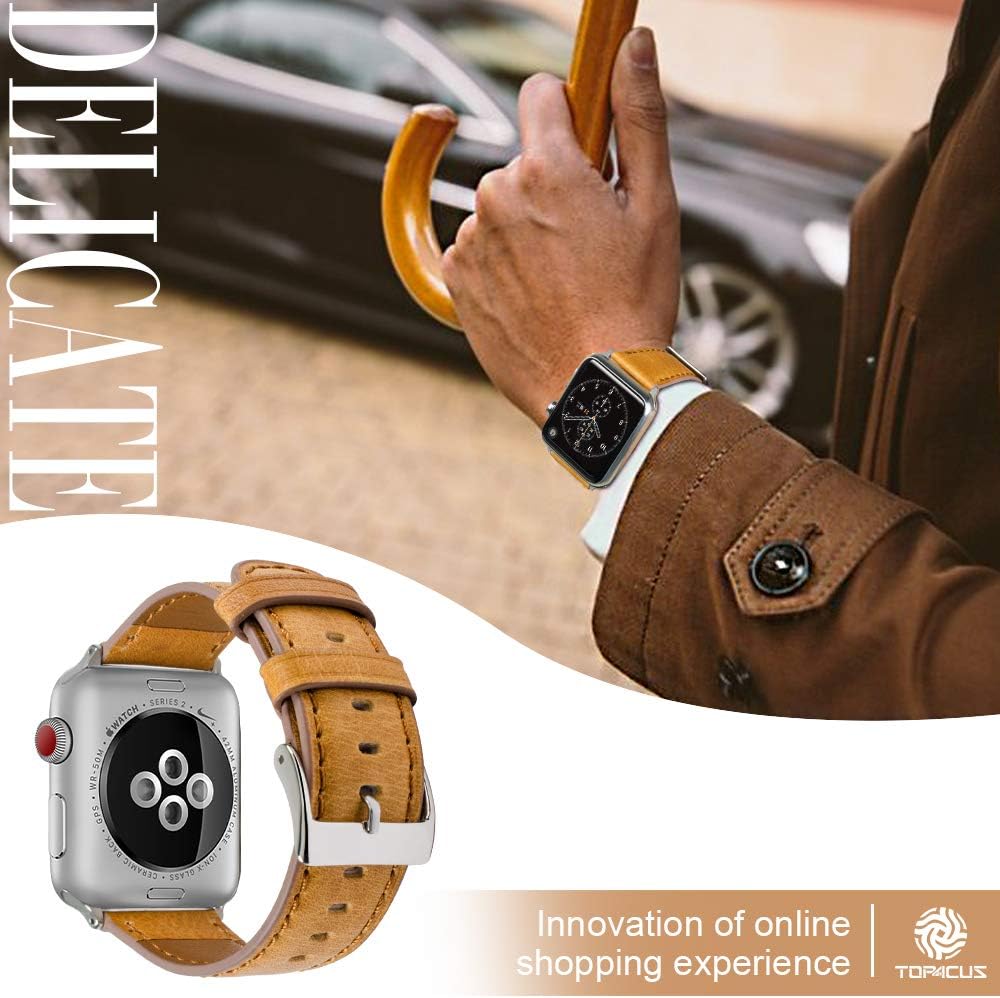 top4cus Compatible with 42mm/44mm Genuine Leather Band iwatch Strap Apple Watch Series 6 Series SE Series 5 Series 4 Series 3/2/1 and Sport Edition, Stainless Metal Clasp (42mm, Retro Old Brown)