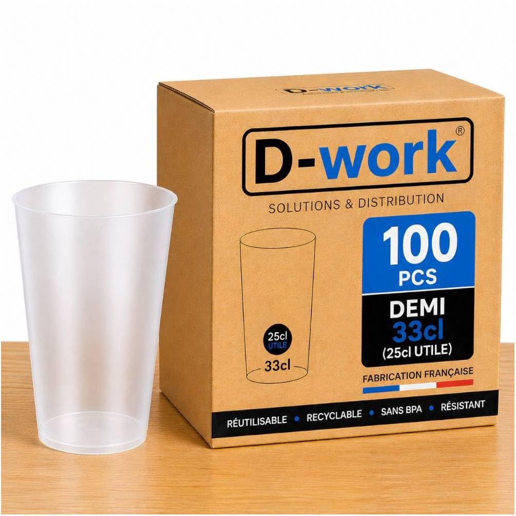 Gobelets réutilisables 33 cl verre plastique lavable sans BPA D-Work