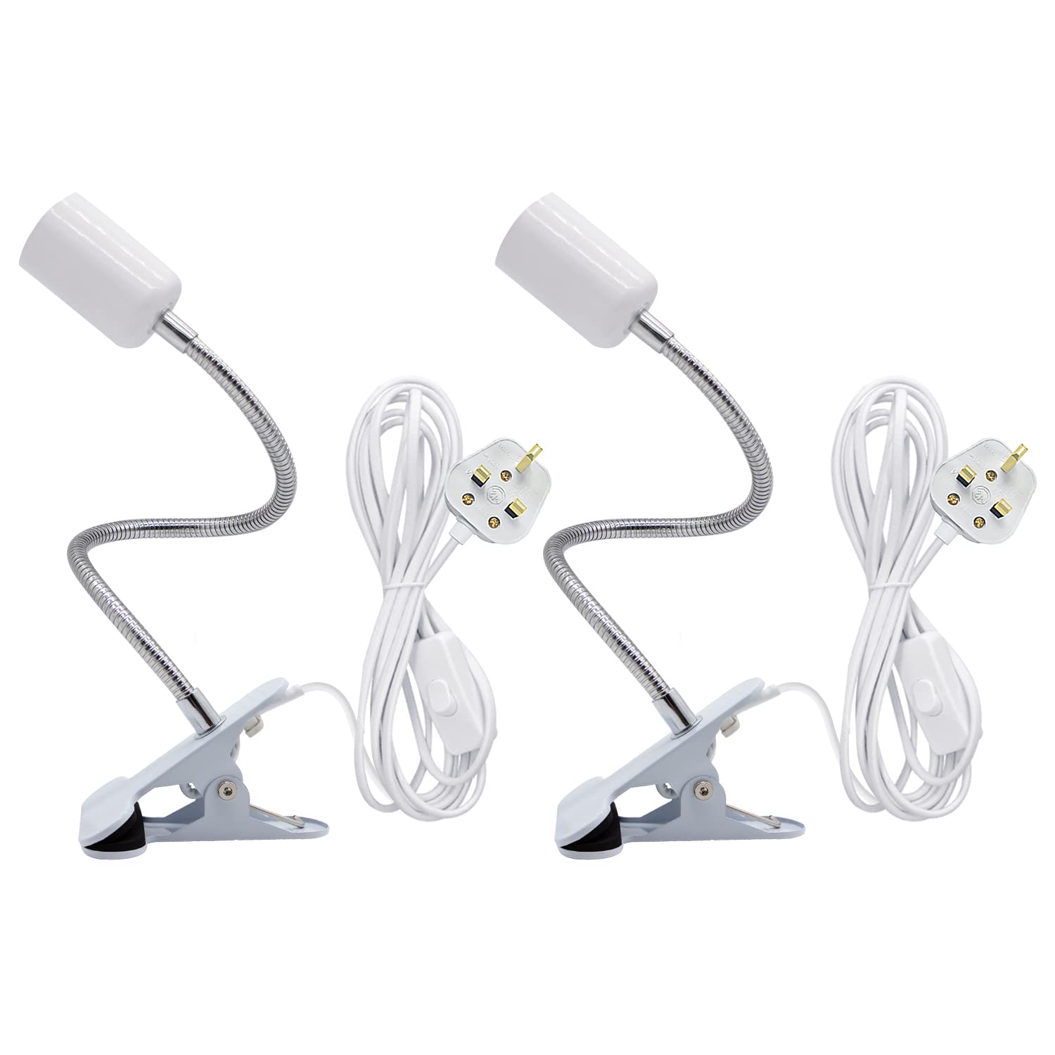 LAKONEI Clip on E27 Bulb Holder, 2Pcs Flexible Bedside Reading Light with Metal Clip 220CM Cable with Switch 360° Adjustable Gooseneck Clamp Desk Lamp White (No Bulb)