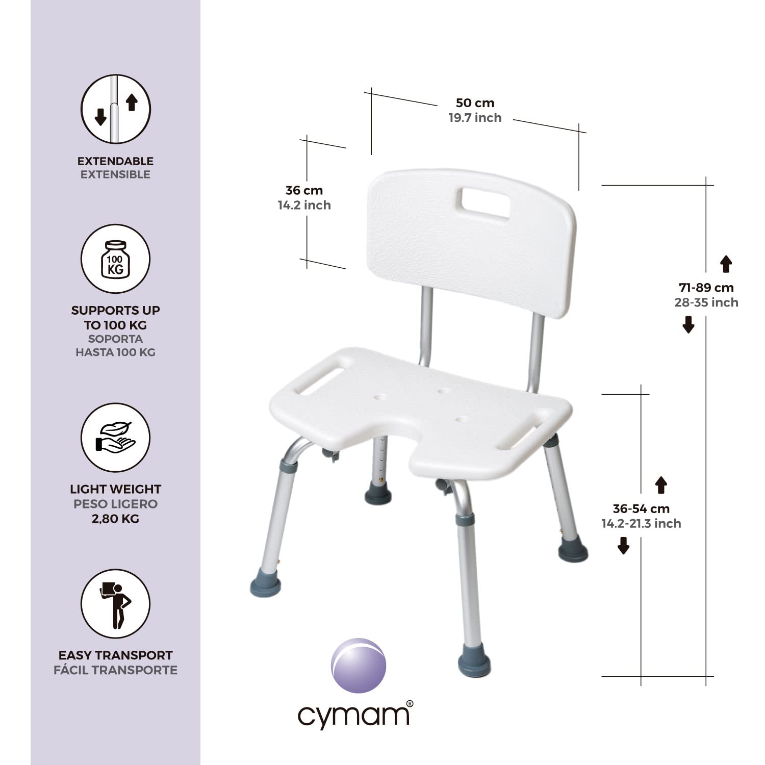 Silla de Baño con Respaldo, Asiento en U y Altura Regulable | Antideslizante, desagües integrados, ajuste en 8 niveles, montaje sin herramientas, para personas mayores