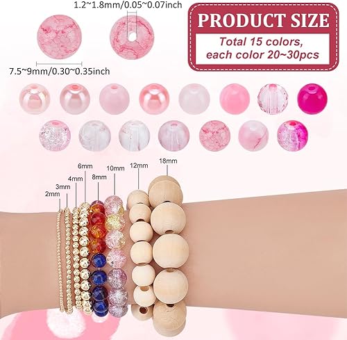 Miniatura 2 de PH PandaHall 450 cuentas de cristal rosa de San Valentín de 0.315 pulgadas, 15 estilos de cuentas agrietadas para hornear, cuentas sueltas de