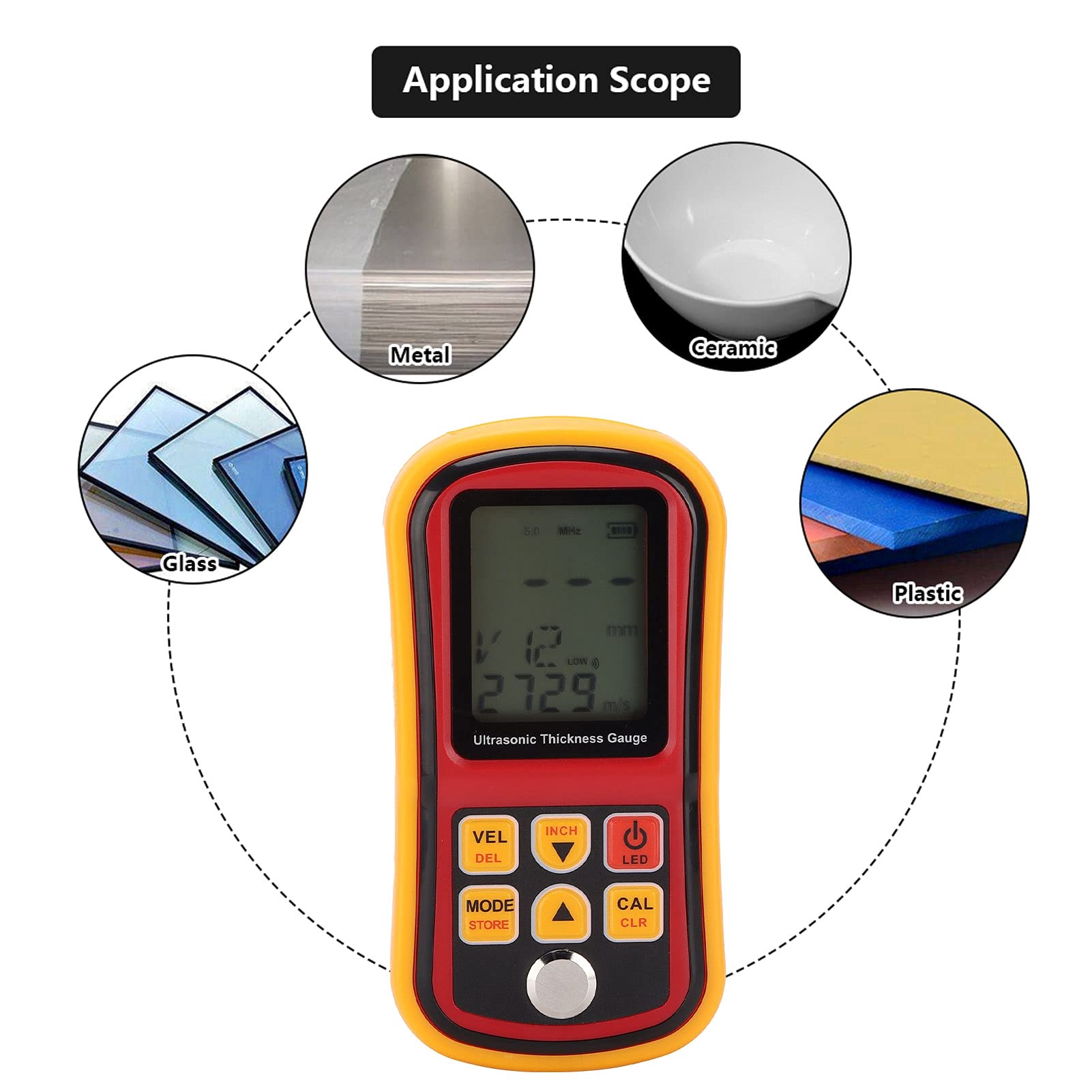 Socobeta Medidor de Espesor de Precisión Medidor de Espesor Ultrasónico Digital Pantalla LCD de 4 Dígitos para Medición de Cerámica de Plástico y Acero Metálico