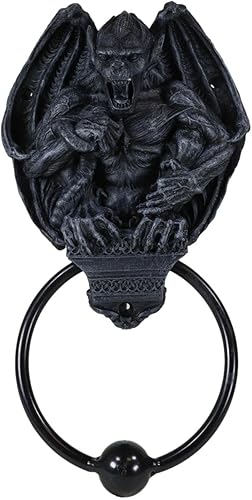 Ebros Gift Aldaba de puerta con cabeza de gárgola de guardián gótico con anillo de metal, escultura de bola de golpeo, espíritu de Halloween, acento