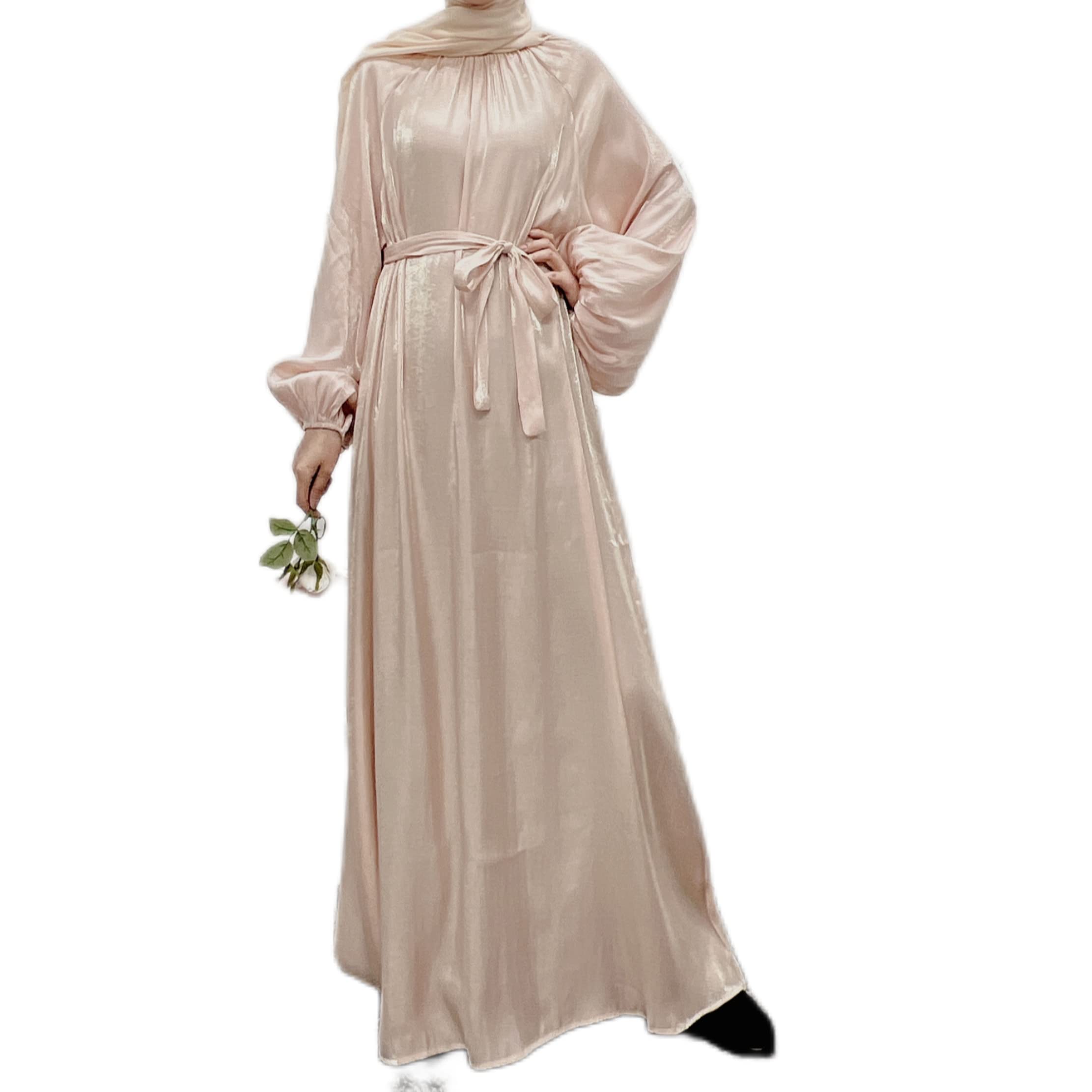 CLMJHG Abaya Dubai Muslim Party Kleid Laterne Ärmel Türkei Abayas Frauen Islamische Elegante Ramadan Kleidung mit Gürtel ohne Hijab