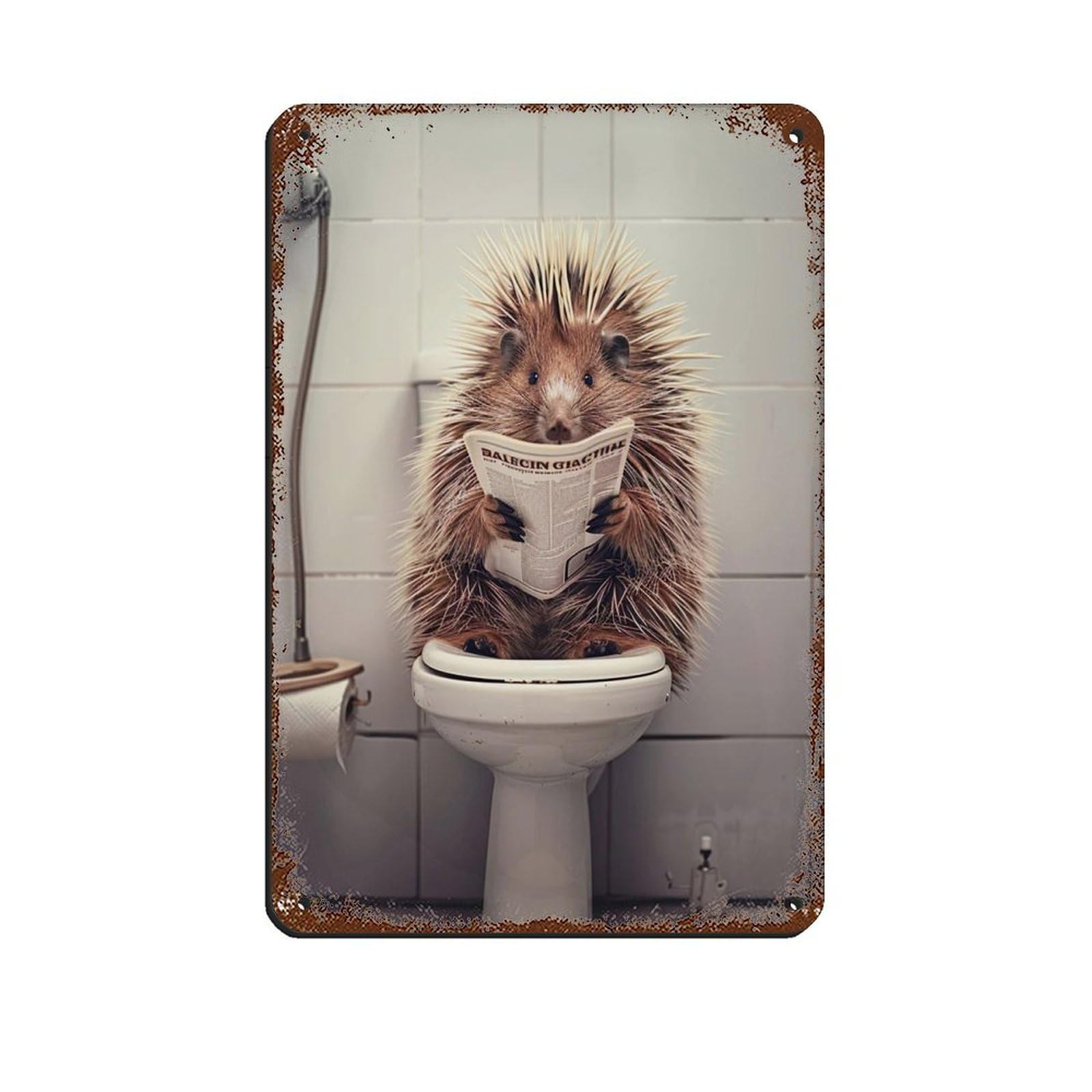 Porcupine Sitting on The Toilet Reading A Newspaper (4) Tin Sign Vintage Metal Pub Club Cafe Bar Home Wall Art Decoration Poster Retro 8x12inch(20x30cm)