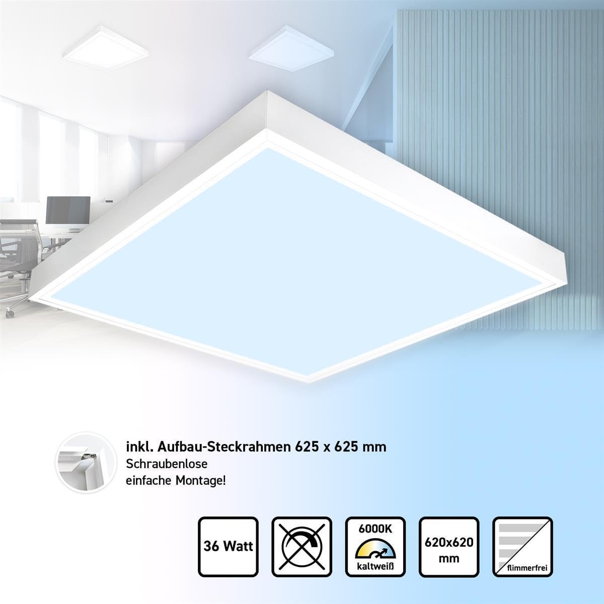 LED Panel 62x62 Tageslichtweiß 6000K 36W Aufbaurahmen