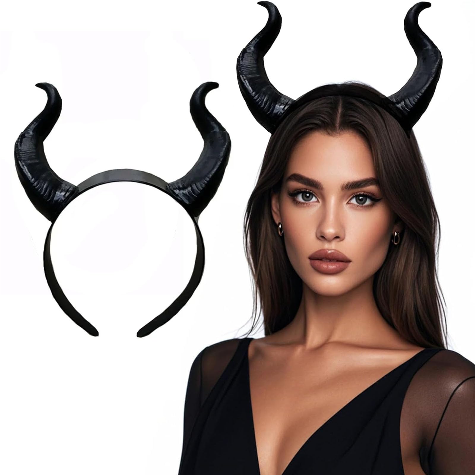 Black Devil Horns Headband Demon Headpiece for Women Halloween Cosplay Costume, Evil Horn Headdress Gothic Sheep Ox Horn Headwear Hair Hoop for Halloween Party Carnival Dress up Hair Accessories