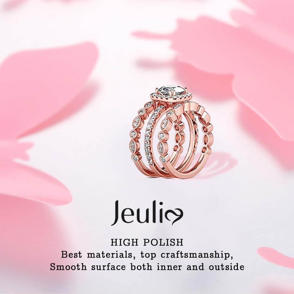 Jeulia 2.65 Carat 3PC Bridal Set Rose Gold Halo Engagement Rings for Women Sterling Silver Cushion Cut CZ Wedding Ring Set Promise Anniversary with Jewelry Gift Box