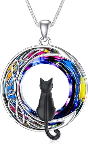 TOUPOP Regalos de gatos para amantes de los gatos, collar de plata de ley con colgante de gato en la luna con círculo azul de cristal de cumpleaños,