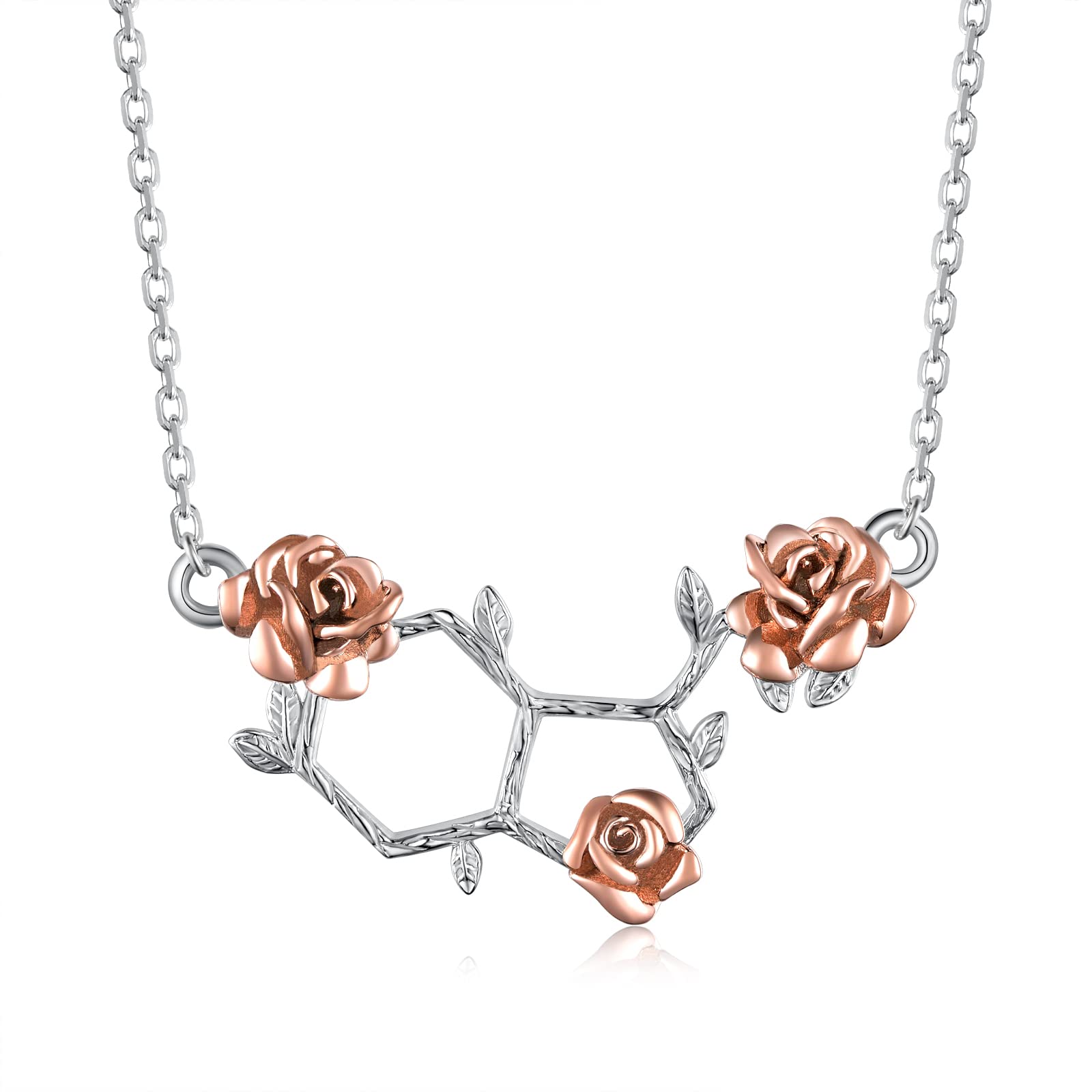 Happiness Serotonin Molecule Necklace for Women,925 Sterling Silver Rose Flower/Butterfly/Daisy Pendant Hormone Serotonin Necklaces,Science Jewelry for Teacher, Professor,Chemistry Grad