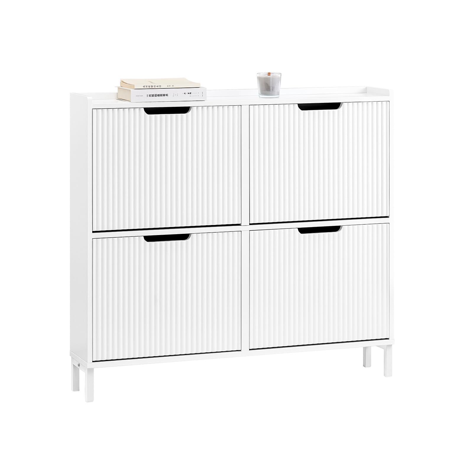 SoBuy Narrow Shoe Rack with 4 Flip Drawers Slim Wooden Shoe Storage Cupboard for Hallway Entrance Foyer or Understairs White W100 x D19 x H91cm FSR177-L-W