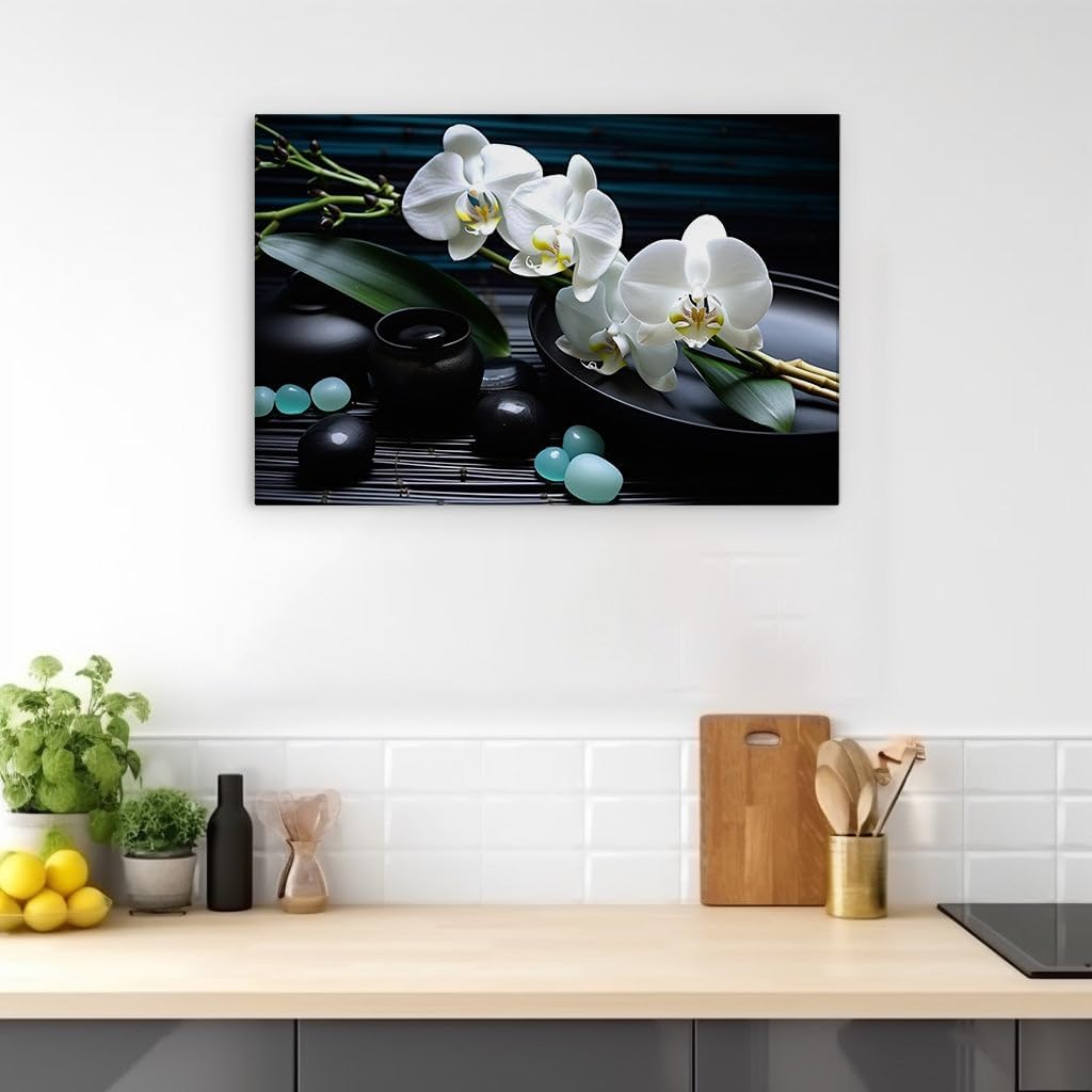 Art Wall: Masterful White Orchids and Stones Exuding Elegance and Tranquility. Interior Decor, Canvas Art Design, Art Apartment Decoration, Office Arts Design. Size: 69x46 cm (27x18 inch)