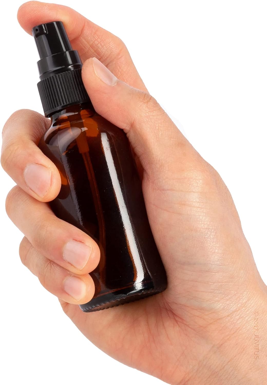 JUVITUS 2 oz / 60 ml Amber Glass Boston Round Bottle with Black Treatment Pump (24 Pack) + Funnel