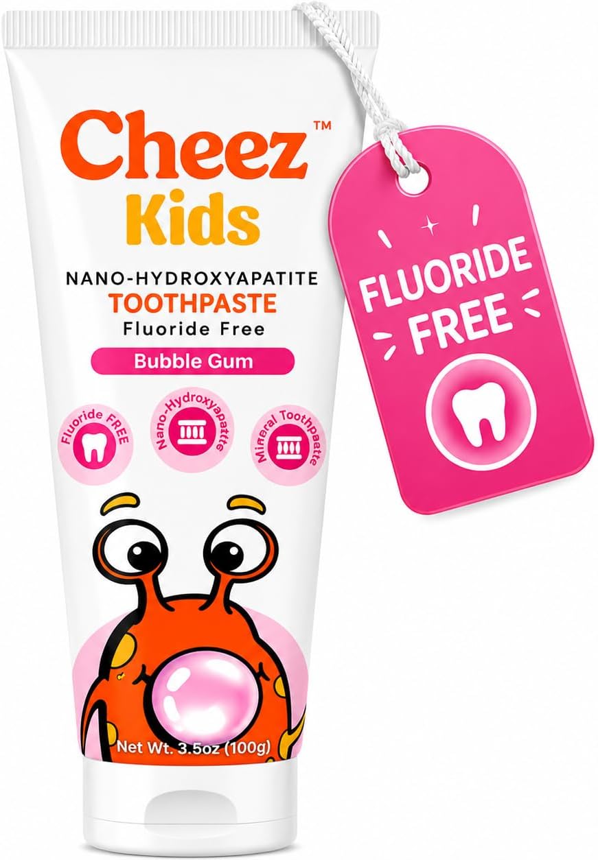 Cheez Kids & Toddler Toothpaste, 10% Nano Hydroxyapatite, Fluoride Free with Xylitol, Safe to Swallow, SLS Free, Gentle Enamel Care, Third Party Tested in USA (Bubble Gum Flavor) (Single)