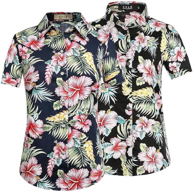 SSLR Womens Hawaiian Shirts Short Sleeve Blouses Casual Button Down Shirts for Women